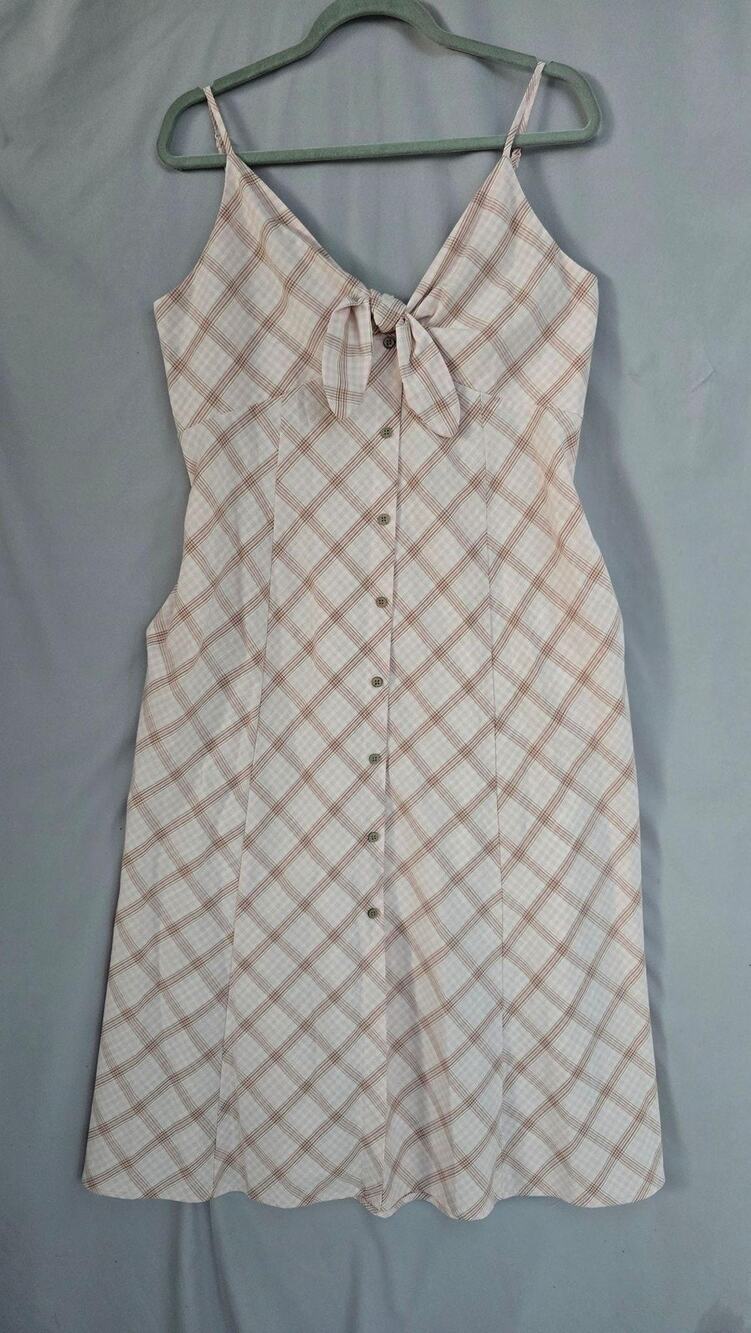 A New Day Dress Womens Large Pink Plaid V Neck Tie Front Button Sundress Pockets